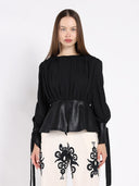 Blouse with Leather Cuffs And Peplum Bottom TOP Gracia Fashion BLACK S 