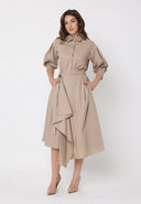 gracia fashion dresses Ruched Puff Sleeve & Waist A Line Midi Dress TAUPE / L Made from 70% rayon and 30% linen Mesh Embroidery Button-Down A-Line Dress