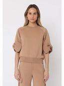 Bow detail sleeve round neck solid top TOP Gracia Fashion BEIGE S 