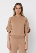 Bow detail sleeve round neck solid top TOP Gracia Fashion CAMEL S 