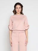 Bow detail sleeve round neck solid top TOP Gracia Fashion PINK S 