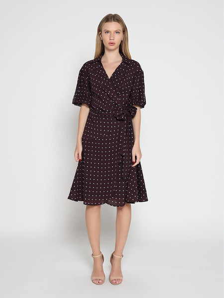 brown and white polka dot wrap dress Gracia Fashion Women's Brown / L COLOR:Pink (picture) The smocked waist cinches Price_050-100 Farida Red Lace Maxi