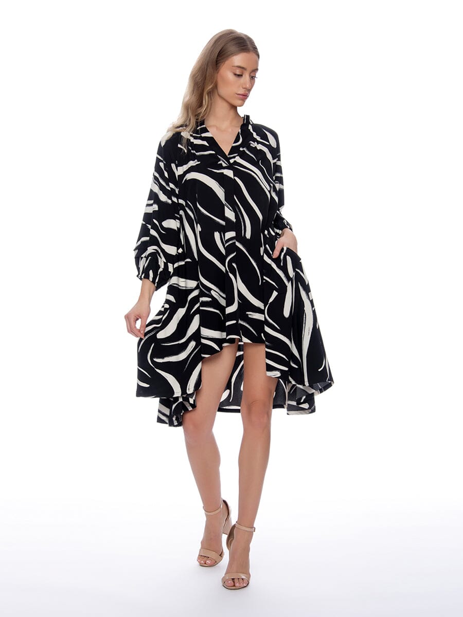 Brush Print Long Puff Sleeve Asymmetric Hem Dress DRESS Gracia Fashion BLACK S 