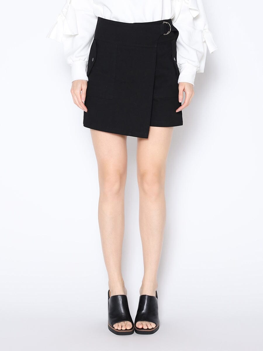 Buckle Belt Wrap Denim Skort PANTS Gracia Fashion BLACK DENIM S 