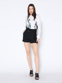Buckle-Belted High Waist Floral Solid Short Pants PANTS Gracia Fashion 