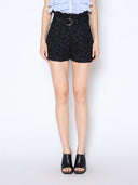 Buckle-Belted High Waist Floral Solid Short Pants PANTS Gracia Fashion BLACK S 