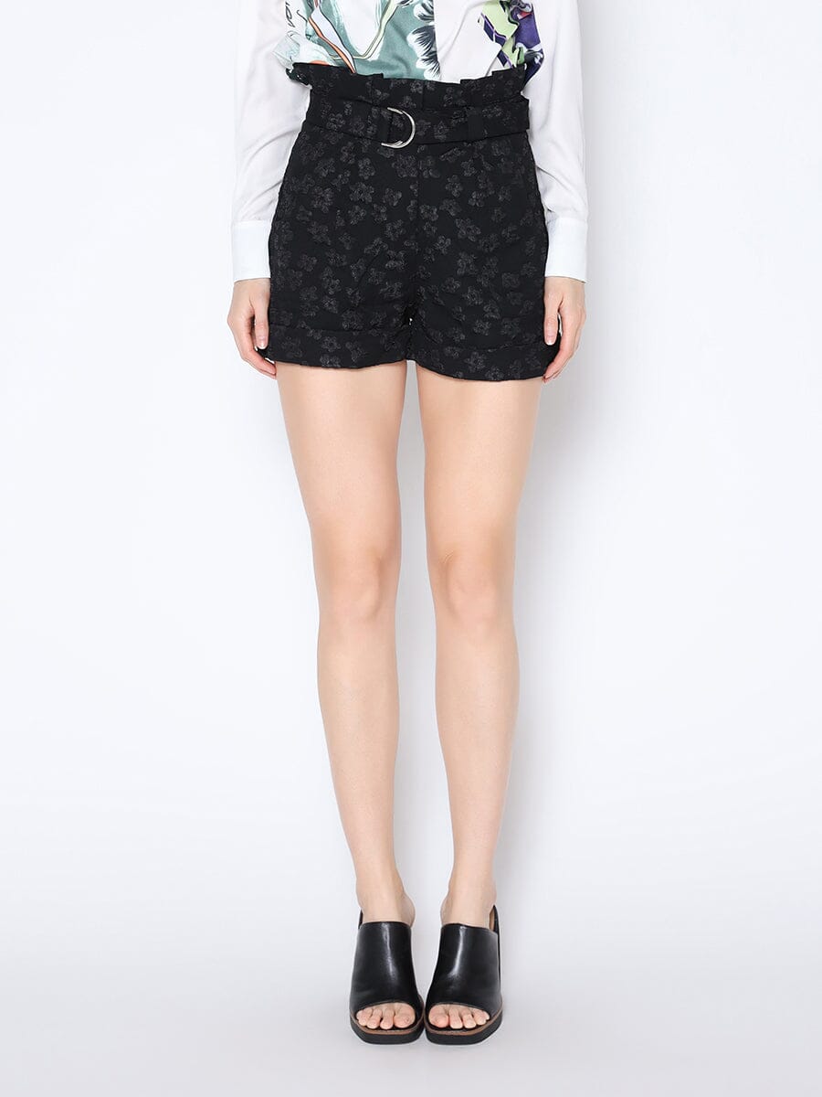 Buckle-Belted High Waist Floral Solid Short Pants PANTS Gracia Fashion BLACK S 