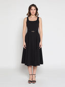 Buckle Belted Square Neck A-Line Sleeveless Dress DRESS Gracia Fashion BLACK S 