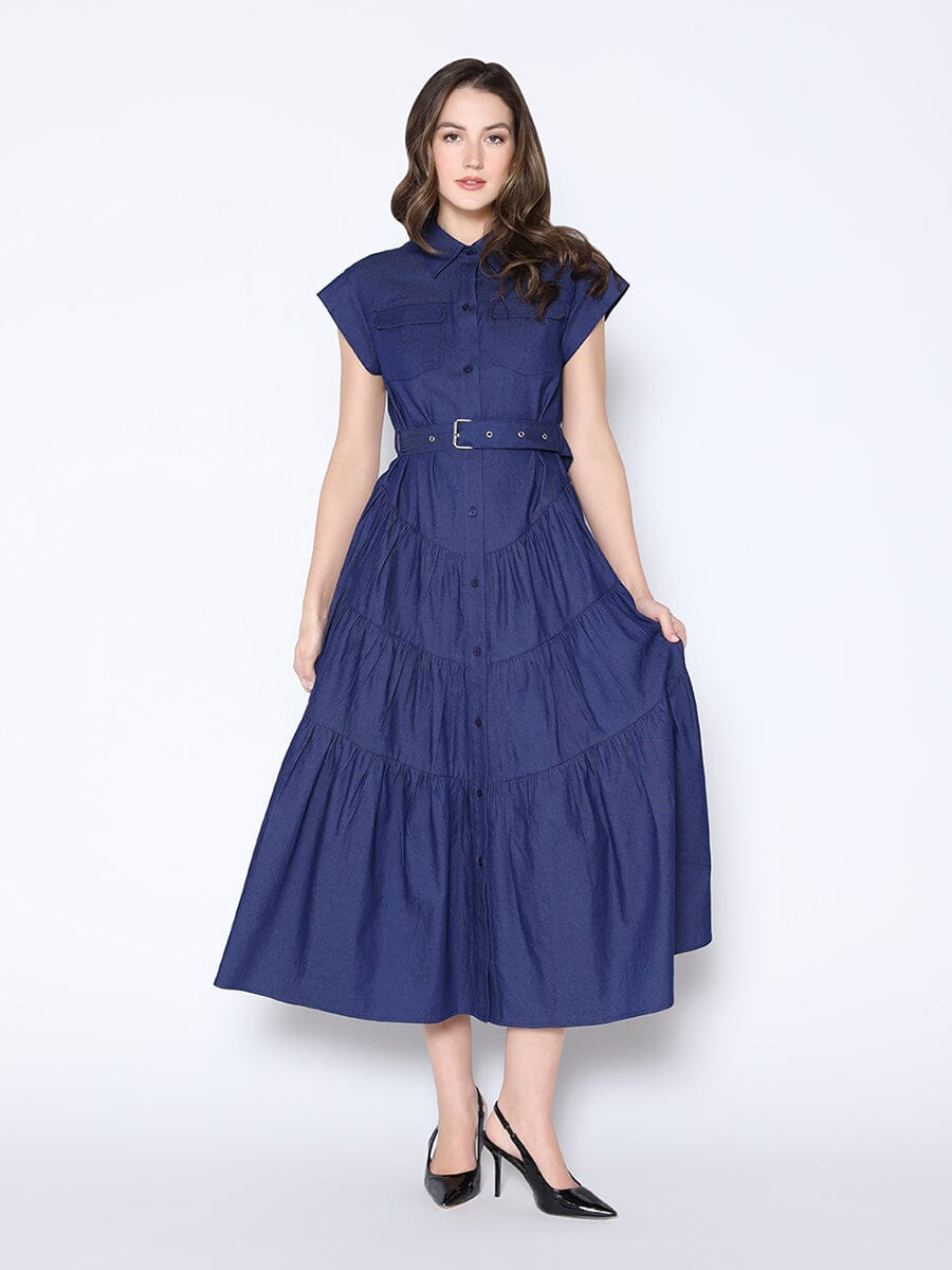 Buckle Belted Tiered Denim Maxi Dress DRESS Gracia Fashion DARK DENIM S 