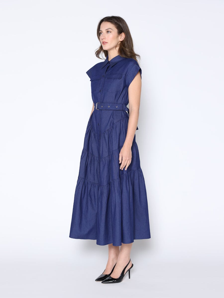 Buckle Belted Tiered Denim Maxi Dress DRESS Gracia Fashion 