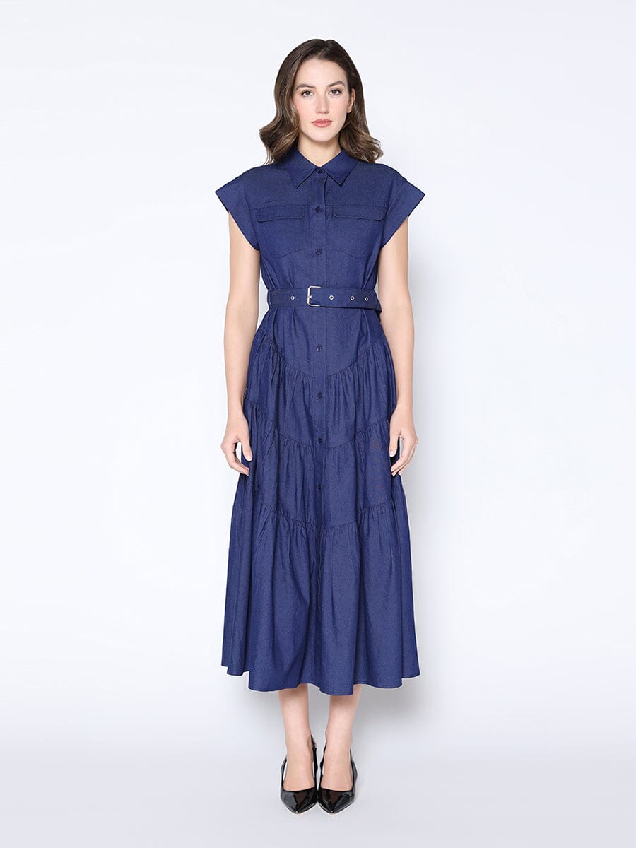 Buckle Belted Tiered Denim Maxi Dress DRESS Gracia Fashion DARK DENIM S 