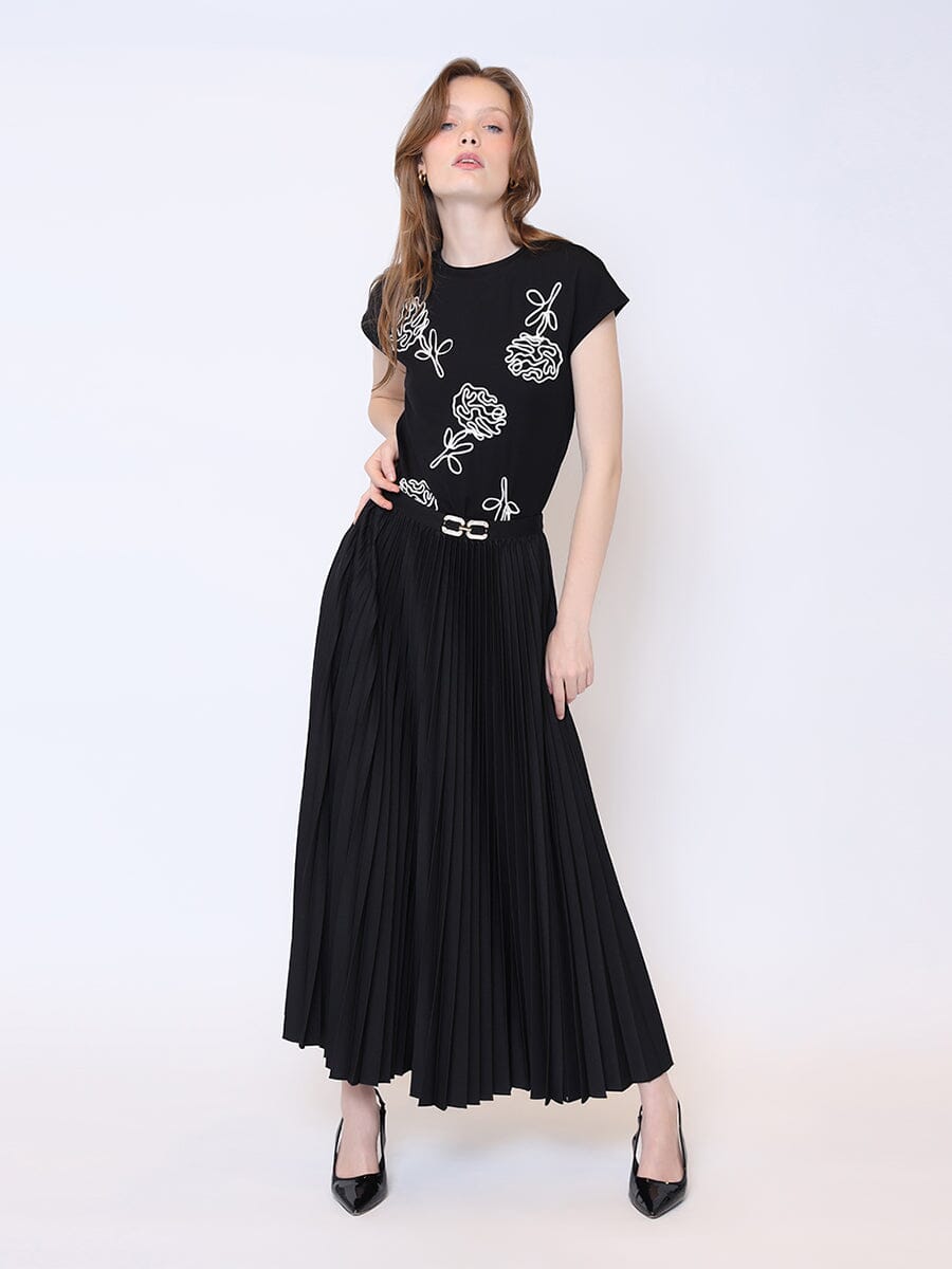 Buckle Detailed High Waist Midi Pleated Skirt SKIRT Gracia Fashion BLACK S 