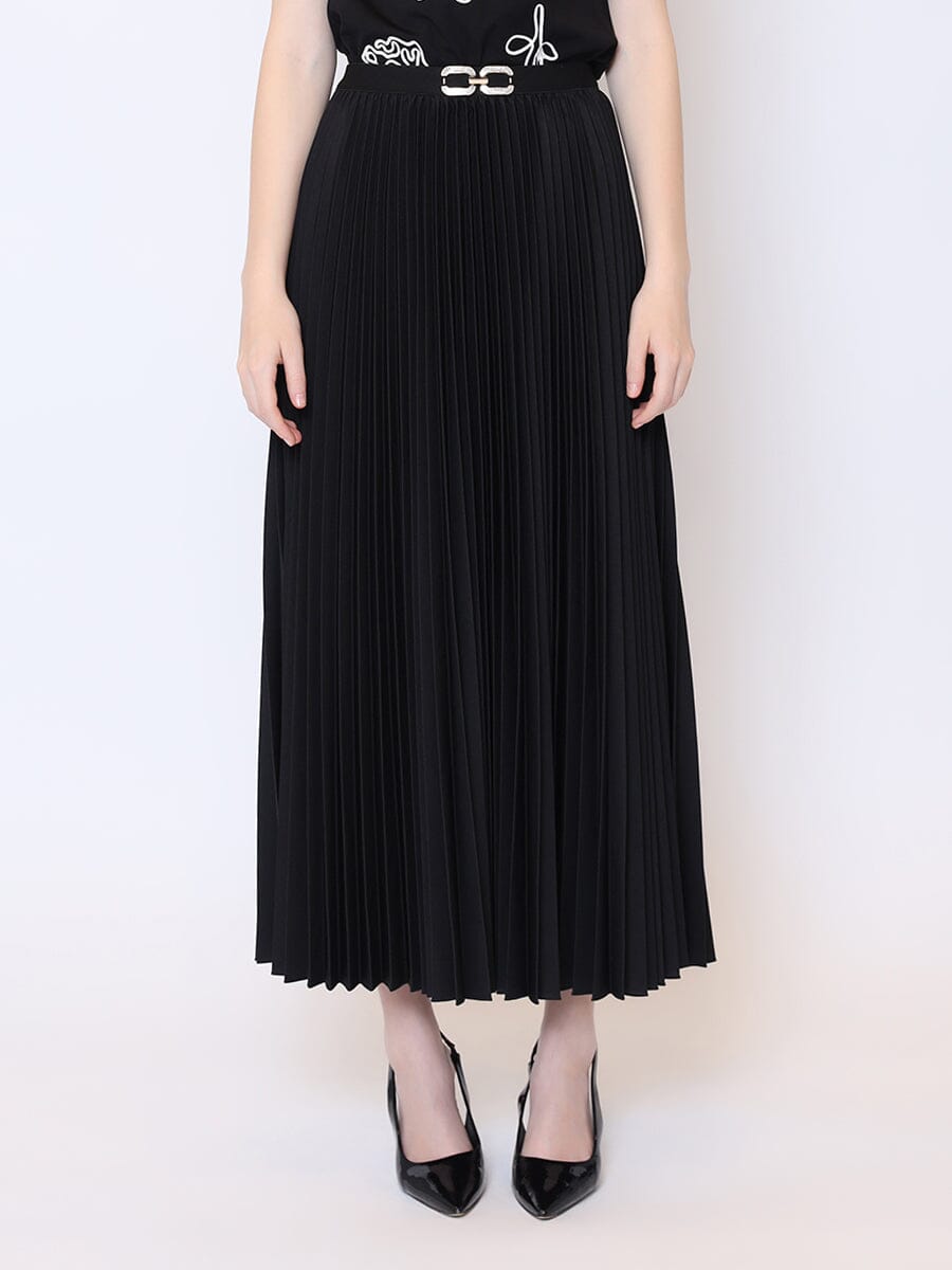Buckle Detailed High Waist Midi Pleated Skirt SKIRT Gracia Fashion BLACK S 