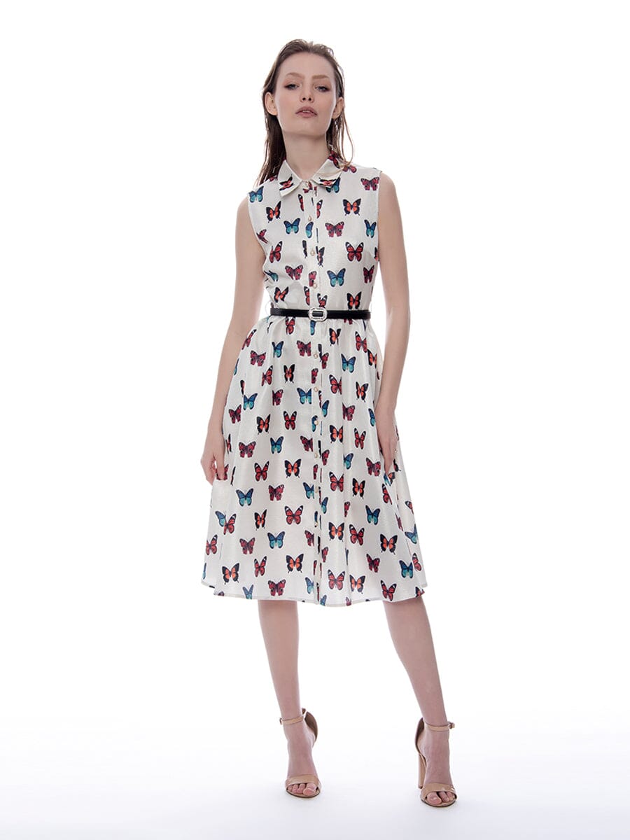 Butterfly Print Pearl Button-Down Belted Dress DRESS Gracia Fashion WHITE S 