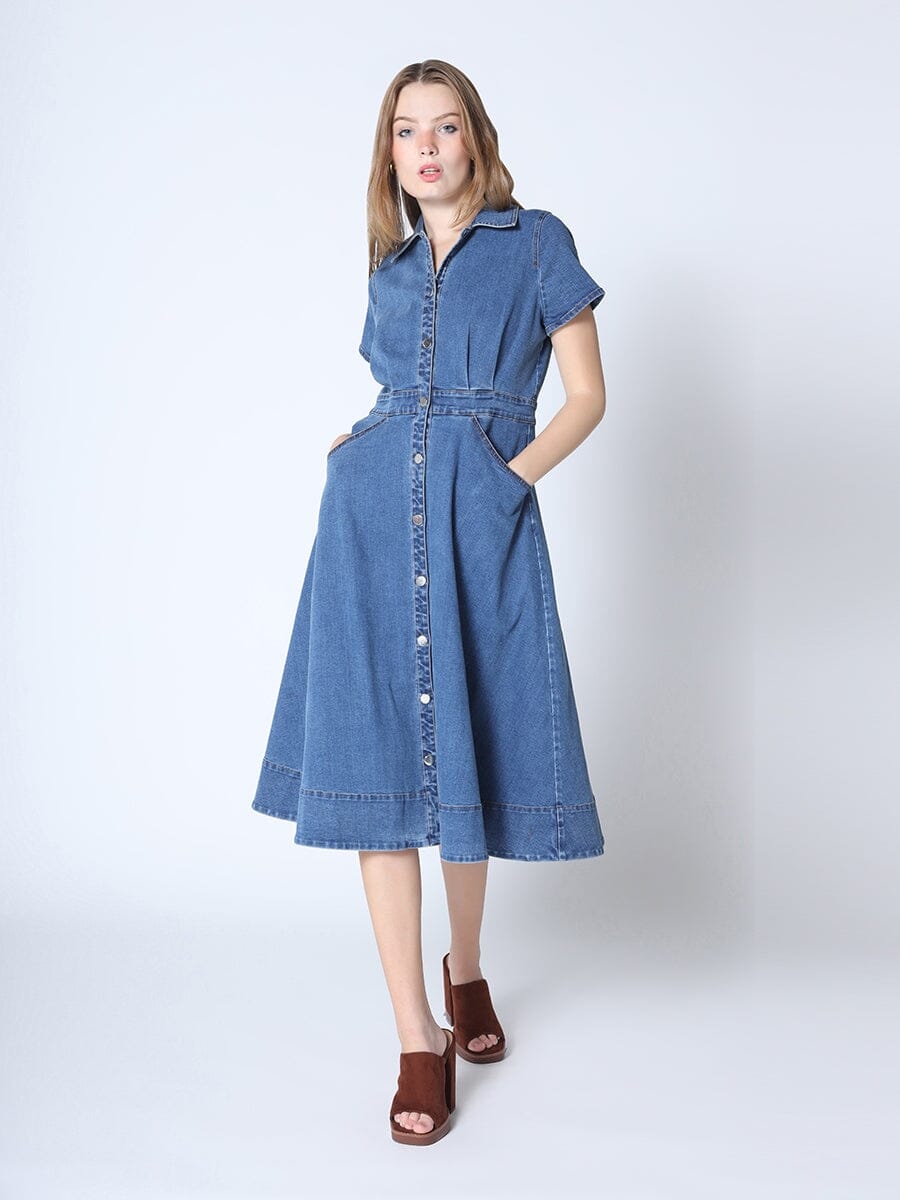 Button-Down A-Line Cap Sleeve Stretchy Denim Dress DRESS Gracia Fashion DENIM S 