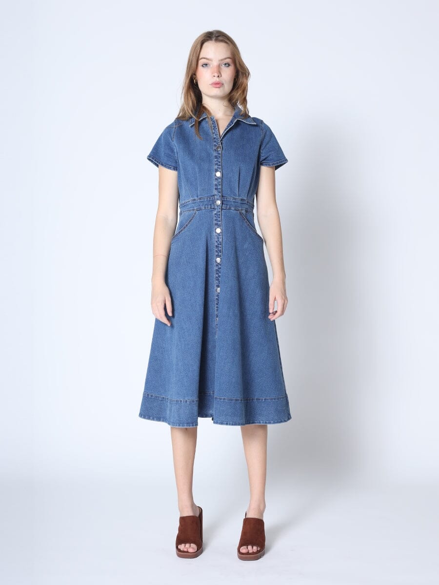 Button-Down A-Line Cap Sleeve Stretchy Denim Dress DRESS Gracia Fashion DENIM S 