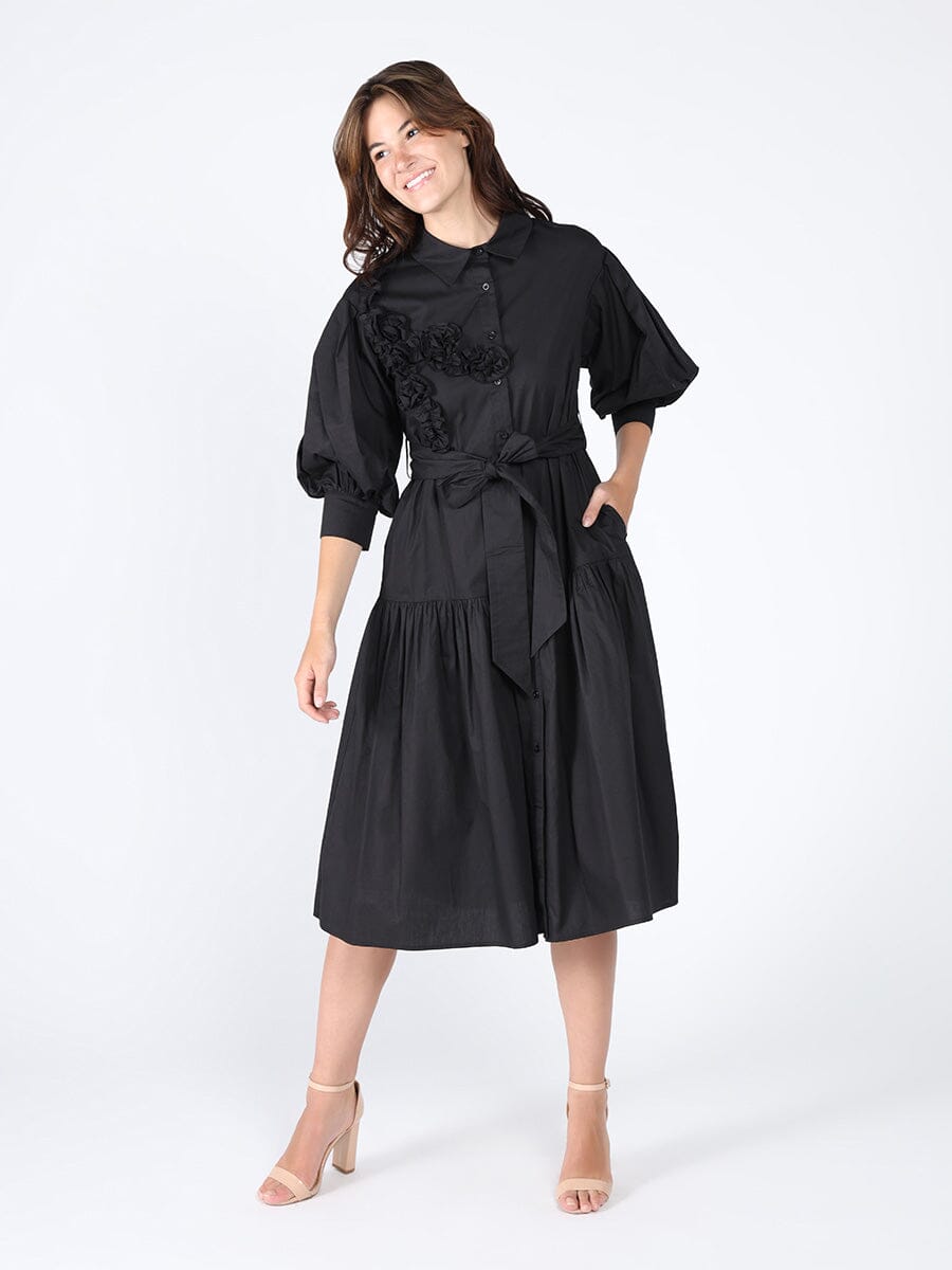 Button-Down Belted Quarter Sleeve Cotton Dress DRESS Gracia Fashion BLACK S 