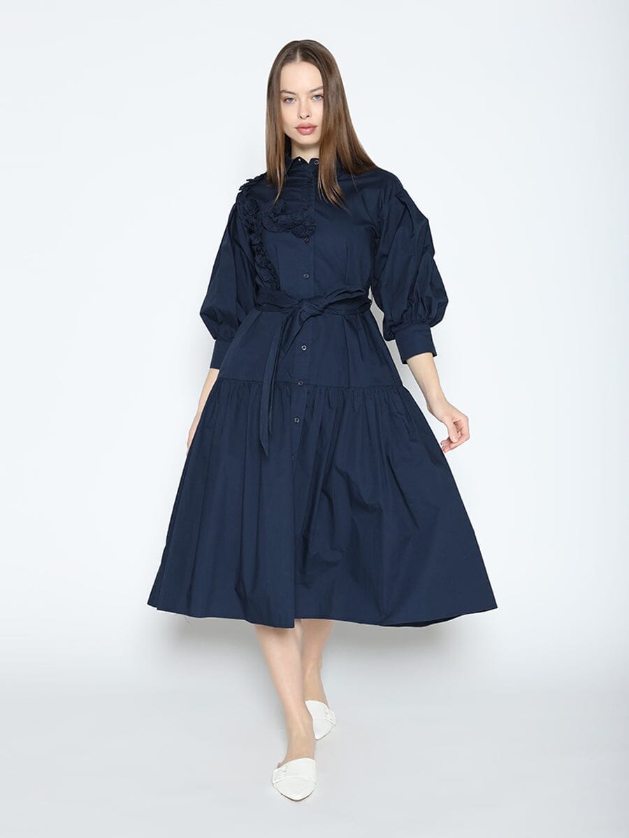 Button-Down Belted Quarter Sleeve Cotton Dress DRESS Gracia Fashion NAVY S 