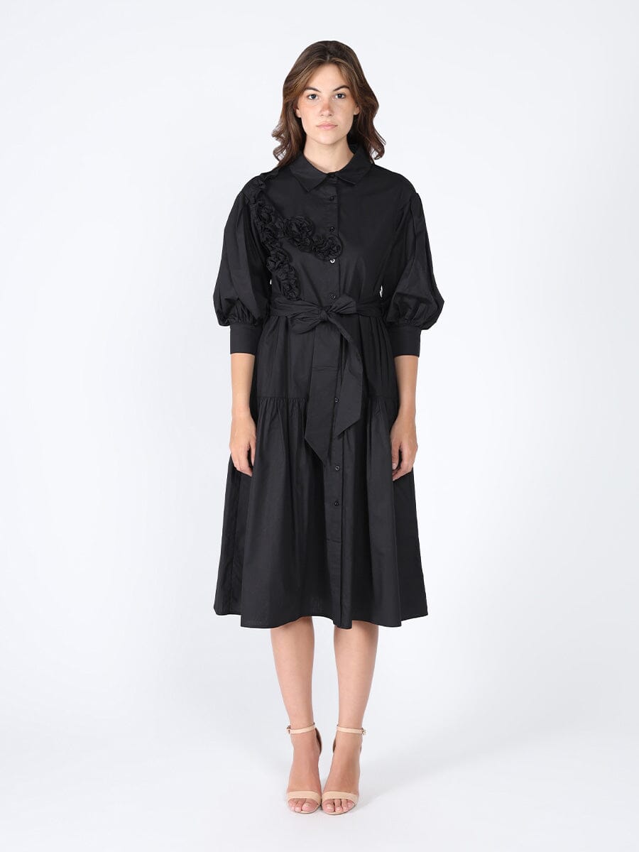 Button-Down Belted Quarter Sleeve Cotton Dress DRESS Gracia Fashion BLACK S 