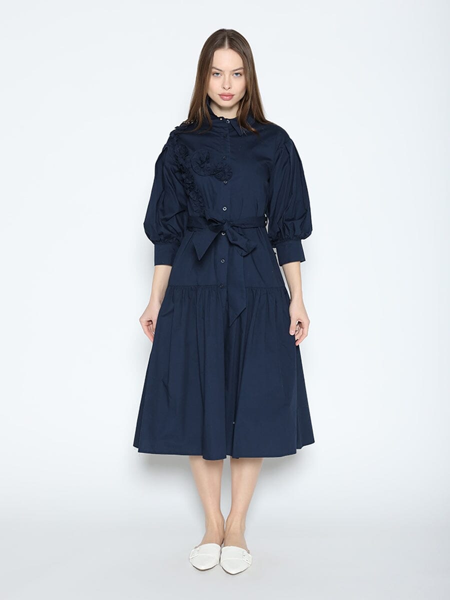 Button-Down Belted Quarter Sleeve Cotton Dress DRESS Gracia Fashion NAVY S 