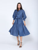 Button-Down Belted Quarter Sleeve Denim Dress DRESS Gracia Fashion DENIM BLUE S 