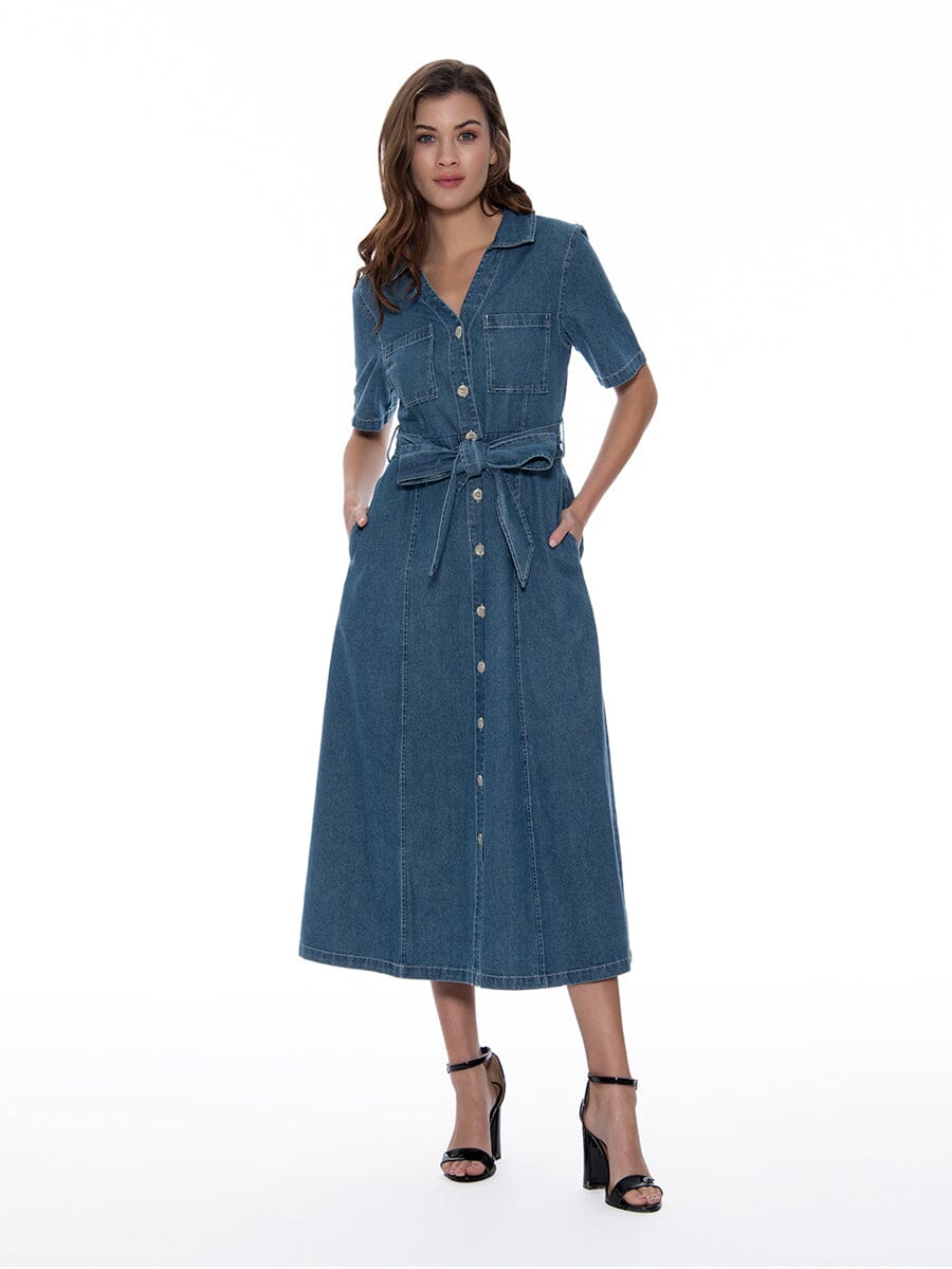 Button-Down Collared Tie-Belted Denim Dress DRESS Gracia Fashion DENIM S 