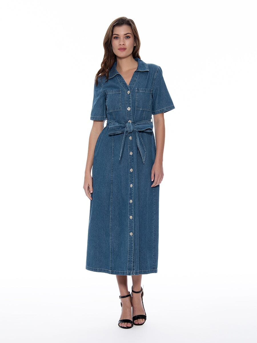 Button-Down Collared Tie-Belted Denim Dress DRESS Gracia Fashion DENIM S 