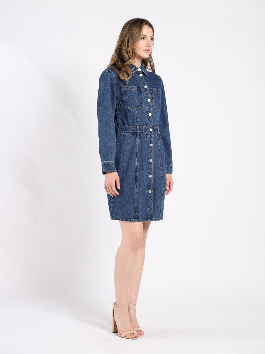Button-Down Denim Shirt Dress DRESS Gracia Fashion 