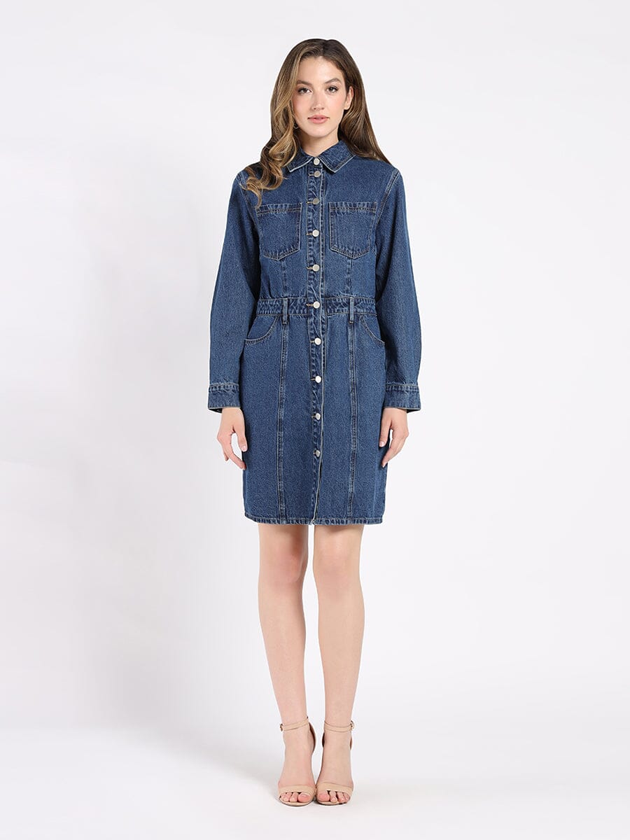 Button-Down Denim Shirt Dress DRESS Gracia Fashion DENIM S 