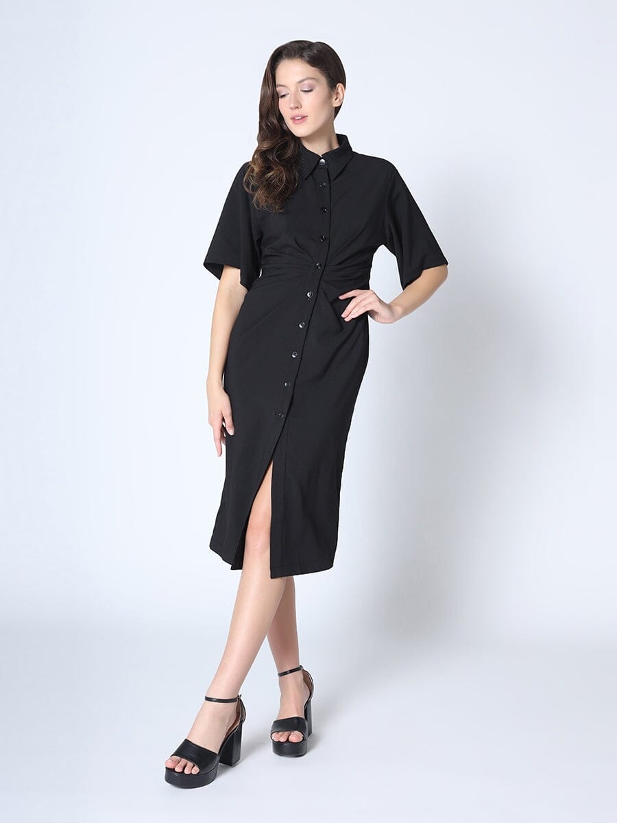 Button Down Gathered Front Middle Dress DRESS Gracia Fashion BLACK S 