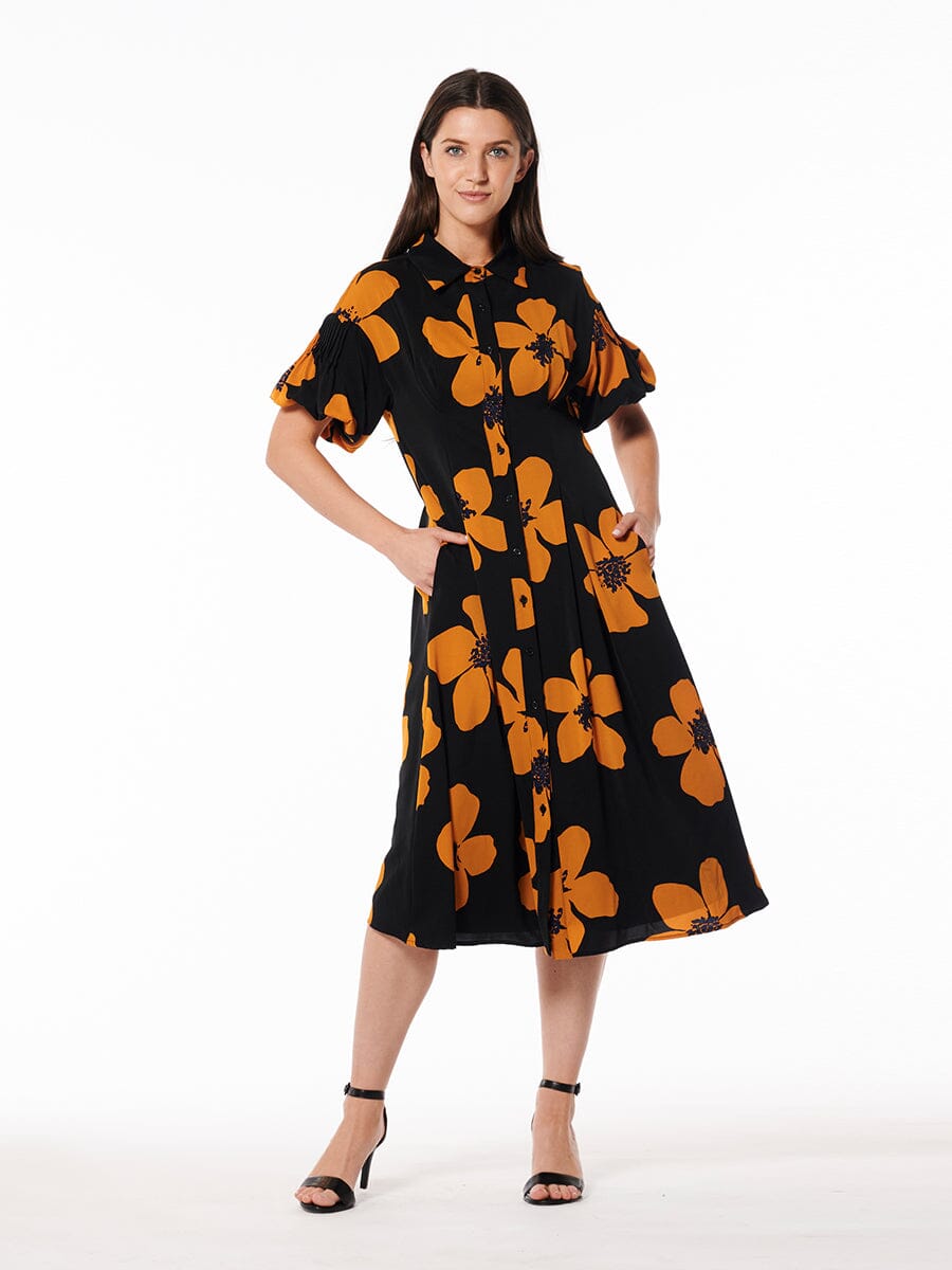 Button-Down Puffed Sleeve Long Floral Dress DRESS Gracia Fashion 