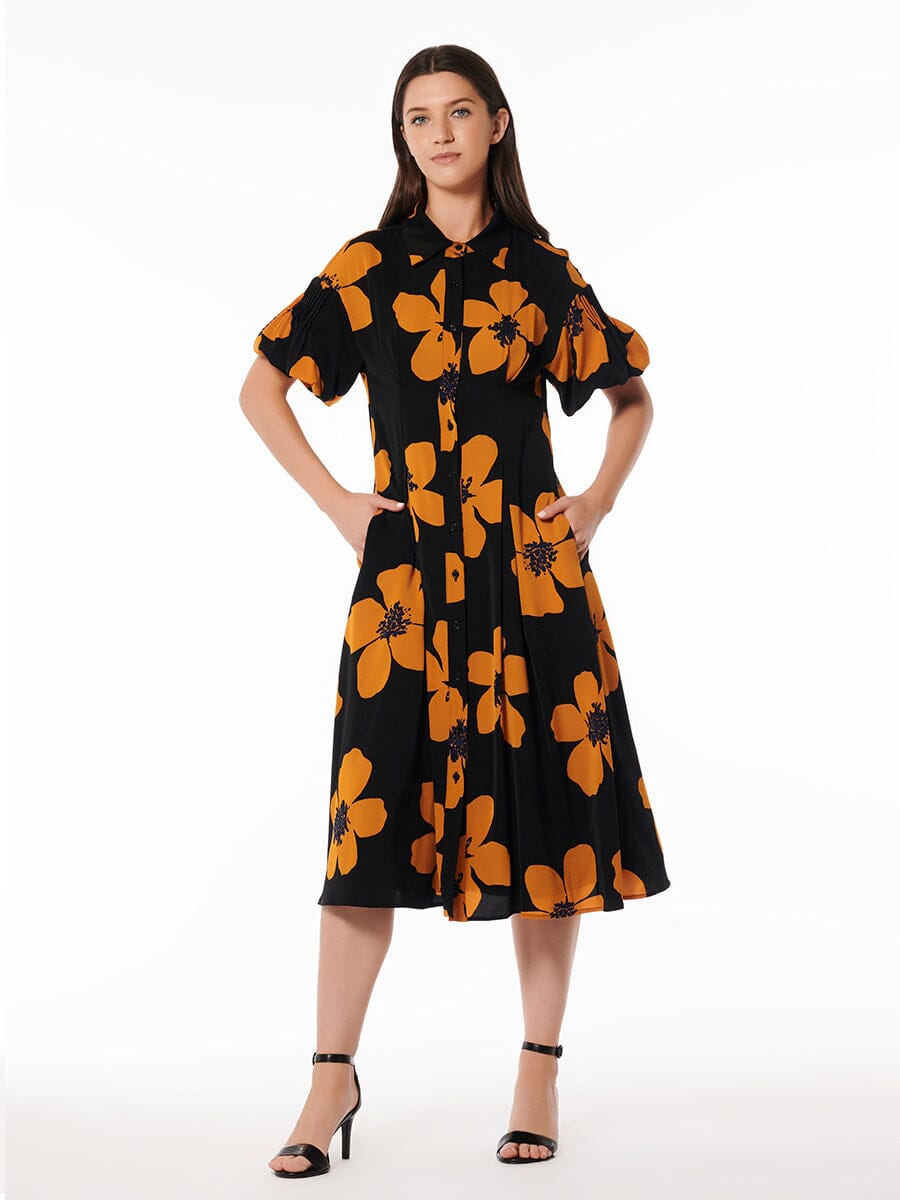Button-Down Puffed Sleeve Long Floral Dress DRESS Gracia Fashion 