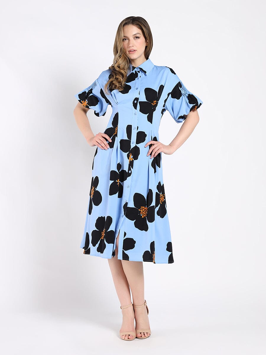 Button-Down Puffed Sleeve Long Floral Dress DRESS Gracia Fashion BLUE S 