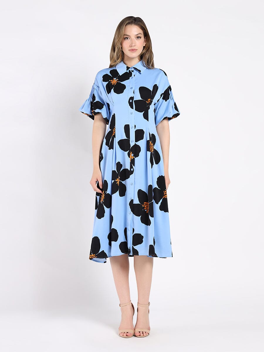 Button-Down Puffed Sleeve Long Floral Dress DRESS Gracia Fashion BLUE S 