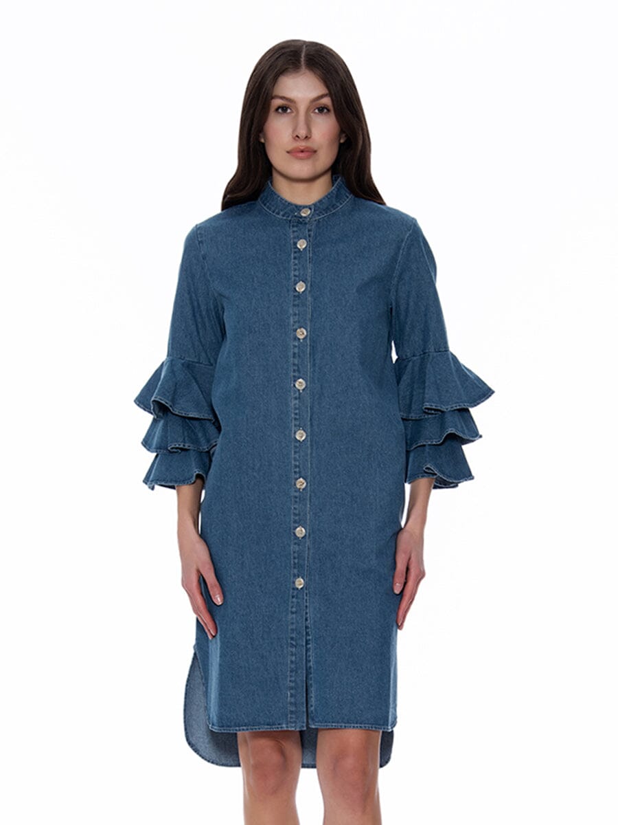 Button-Down Ruffle Sleeve High-Low Denim Dress DRESS Gracia Fashion DENIM S 