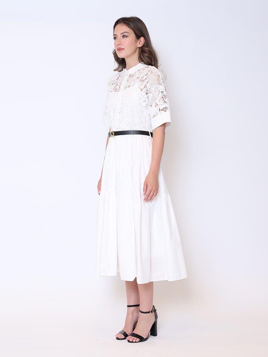 Button Front Short Sleeve Buckle Belt Lace Dress DRESS Gracia Fashion 