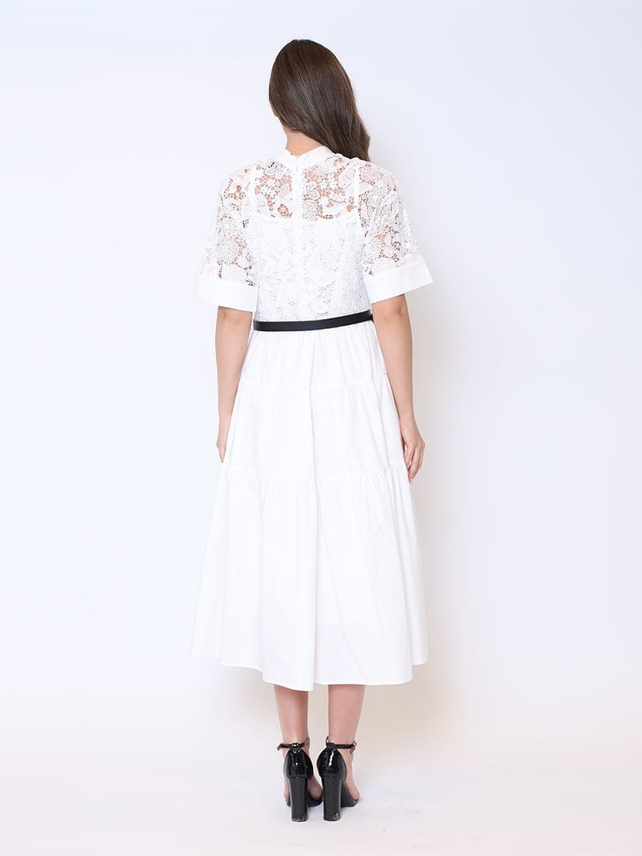 Button Front Short Sleeve Buckle Belt Lace Dress DRESS Gracia Fashion 