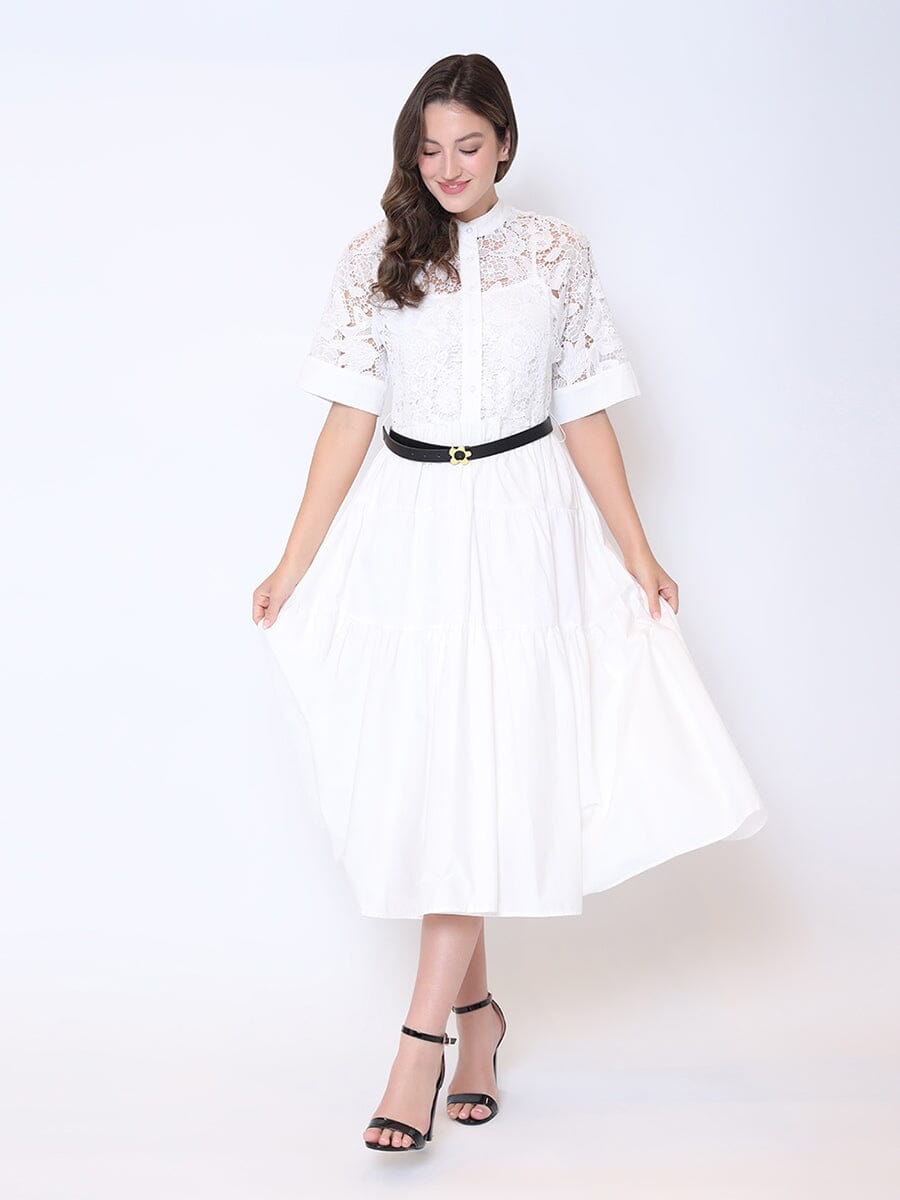 Button Front Short Sleeve Buckle Belt Lace Dress DRESS Gracia Fashion WHITE S 
