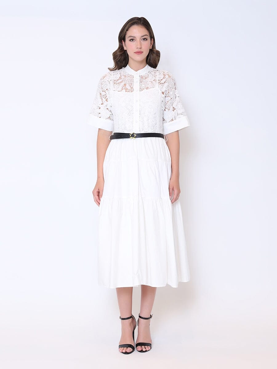Button Front Short Sleeve Buckle Belt Lace Dress DRESS Gracia Fashion WHITE S 