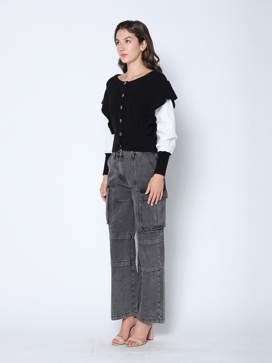 Button Spliced Long Sleeve Sweater Combo SWEATERS Gracia Fashion 