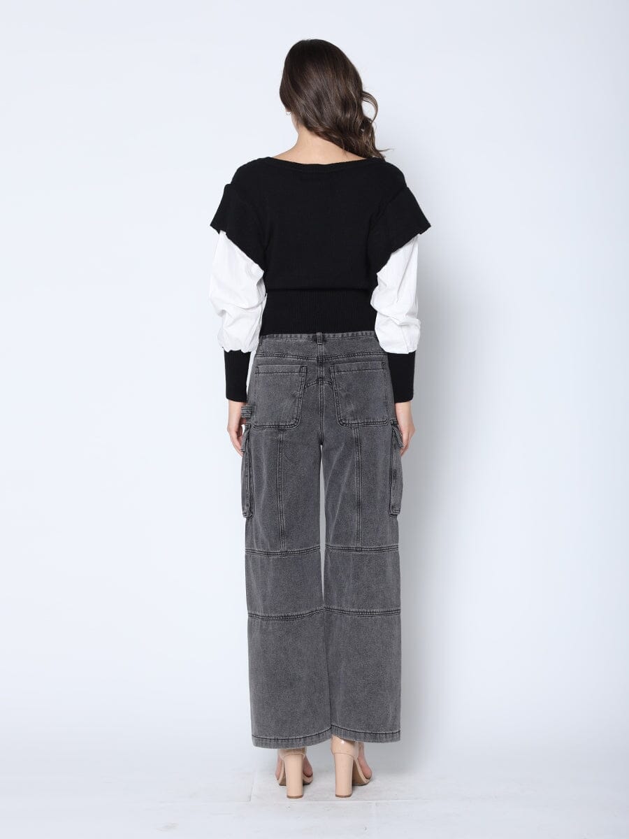 Button Spliced Long Sleeve Sweater Combo SWEATERS Gracia Fashion 