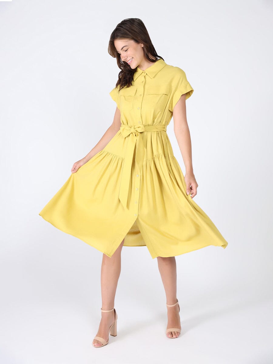 Cap Sleeve Dress with Ribbon Belt DRESS Gracia Fashion MUSTARD S 
