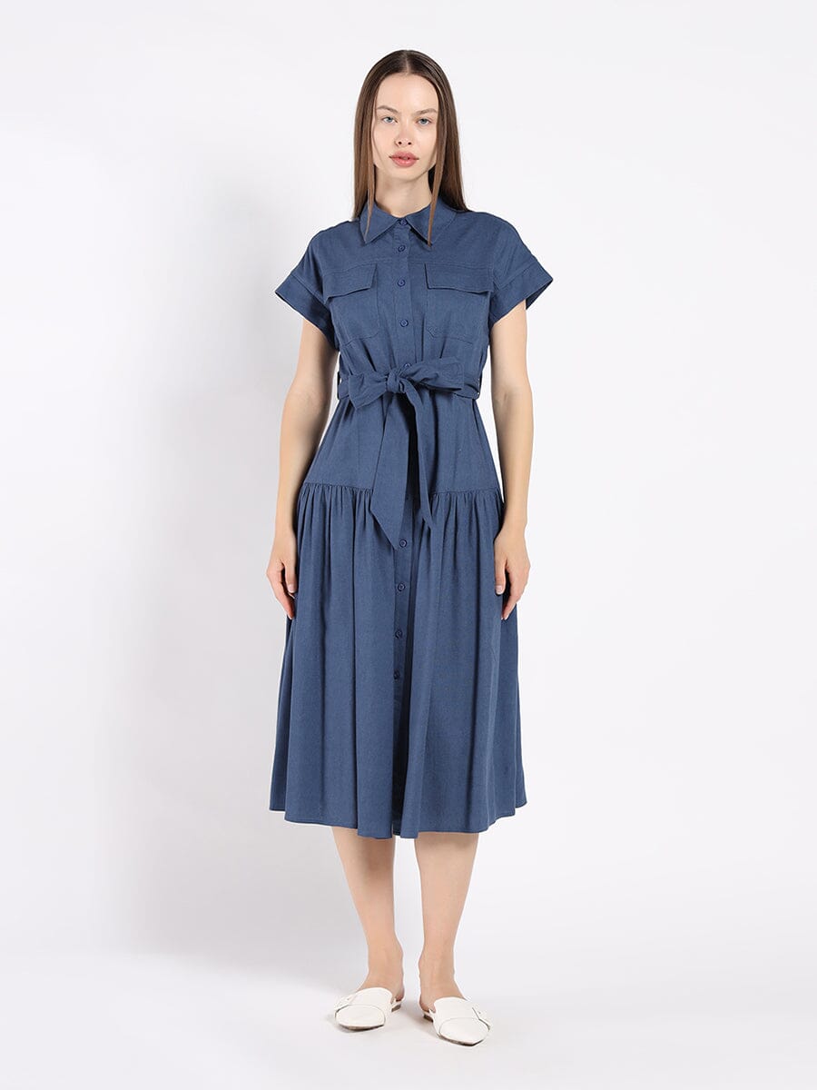 Cap Sleeve Dress with Ribbon Belt DRESS Gracia Fashion BLUE S 