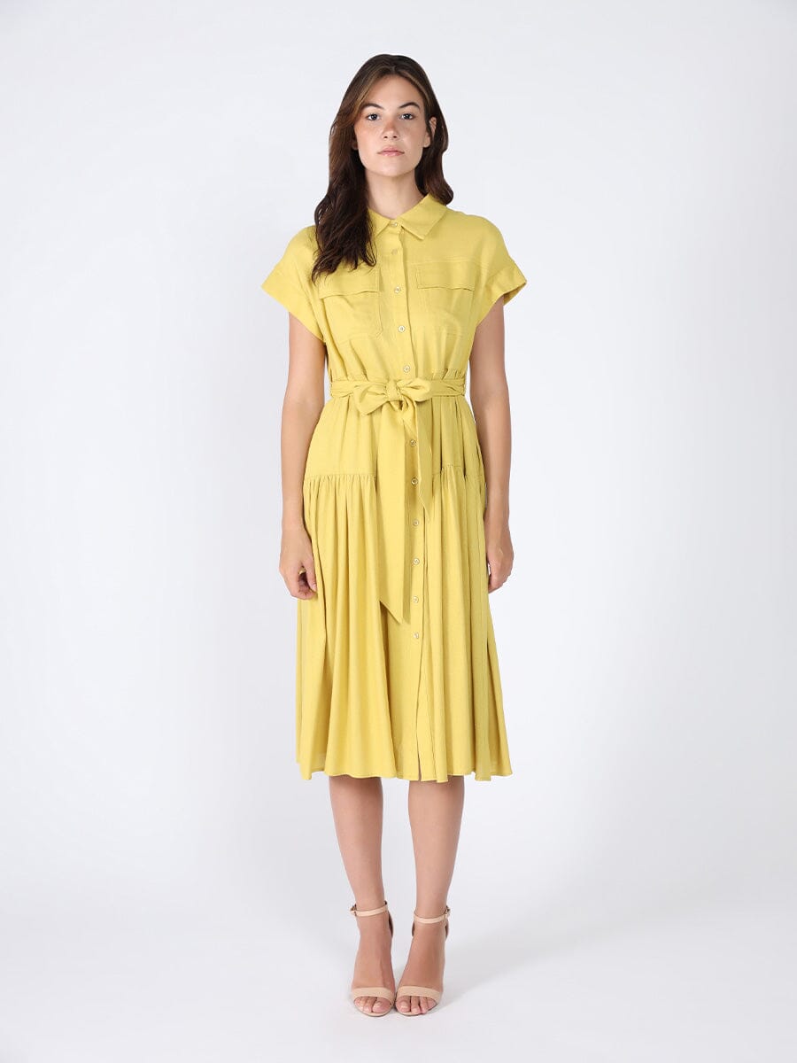 Cap Sleeve Dress with Ribbon Belt DRESS Gracia Fashion MUSTARD S 
