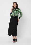 Cargo Pockets Front Slit Midi Skirt With Belt SKIRT Gracia Fashion 