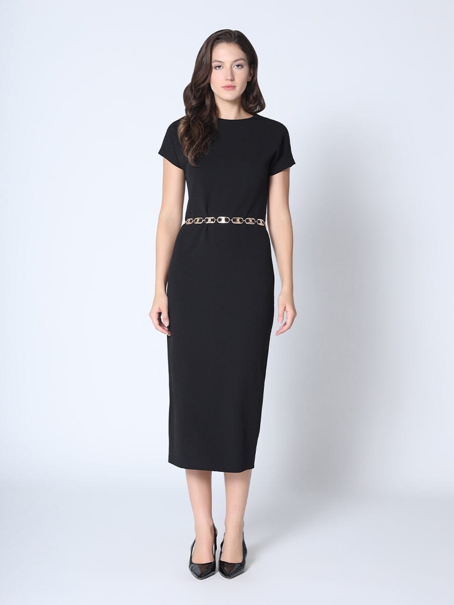 Chain Belt Detail Long Solid Pencil Dress DRESS Gracia Fashion BLACK S 