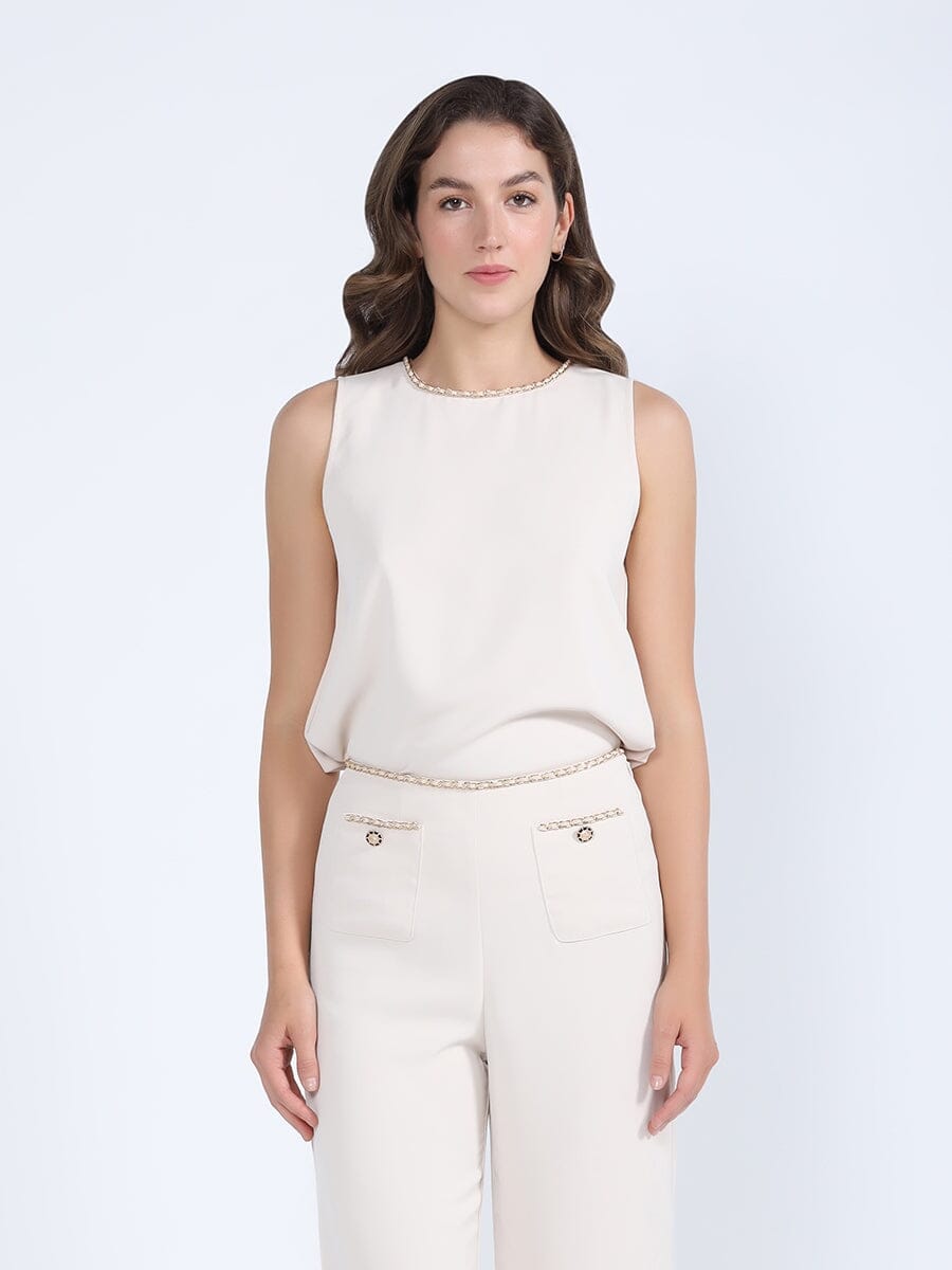 Chain Embellished Neckline Sleeveless Top TOP Gracia Fashion BEIGE S 