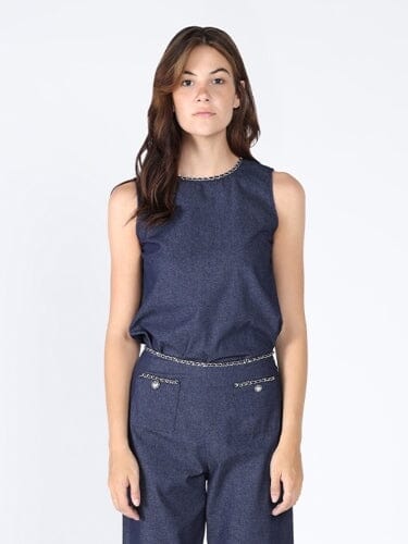 Chain Embellished Neckline Sleeveless Top TOP Gracia Fashion DARK DENIM S 