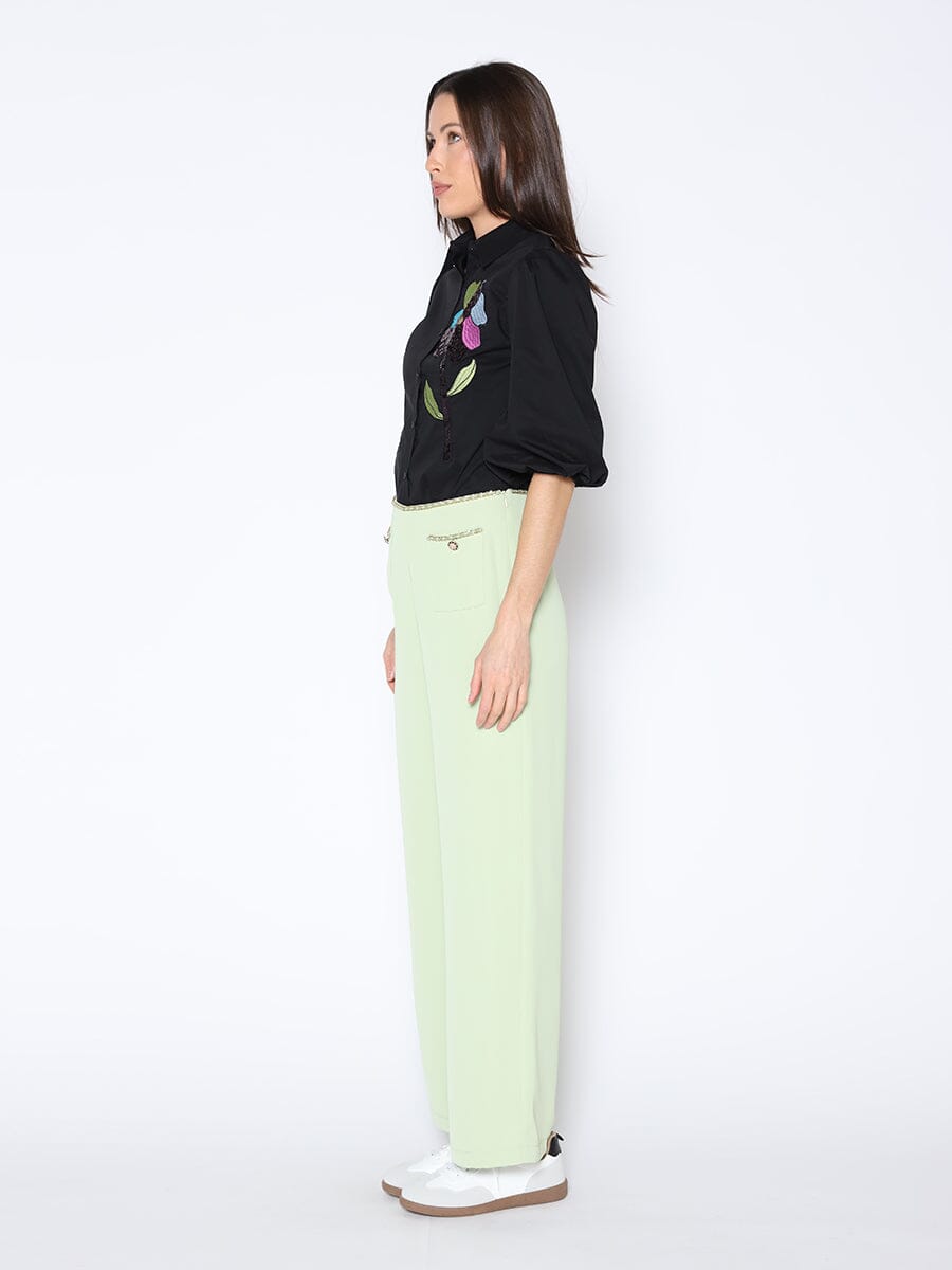 Chain Embellished Waistline Wide Leg Pants PANTS Gracia Fashion 