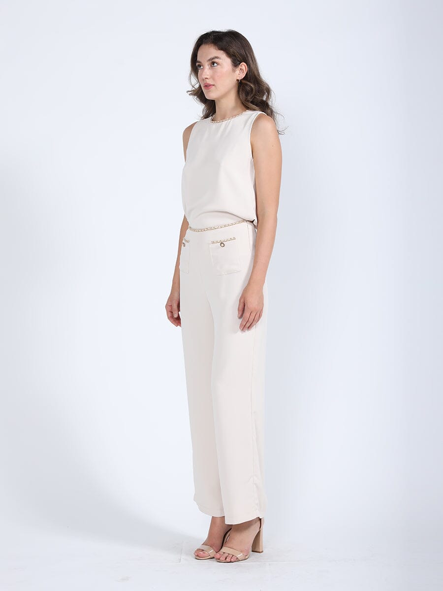 Chain Embellished Waistline Wide Leg Pants PANTS Gracia Fashion 